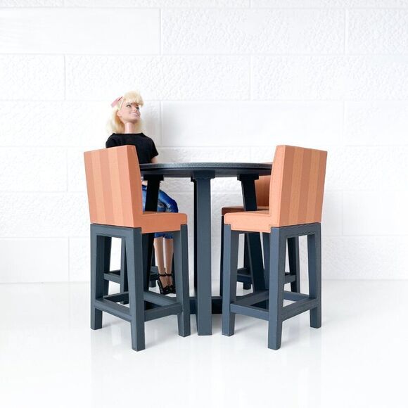 Miniature Barbie Bistro Table 4 Striped Chairs 3D Printed Dollhouse Furniture - Picture 7 of 7